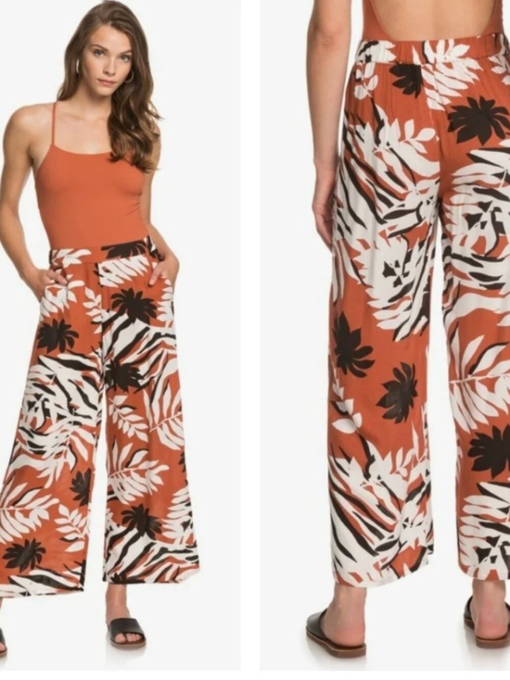 Roxy Midnight Avenue Wide-Leg Pants Palm Print Women Sz L good used condition